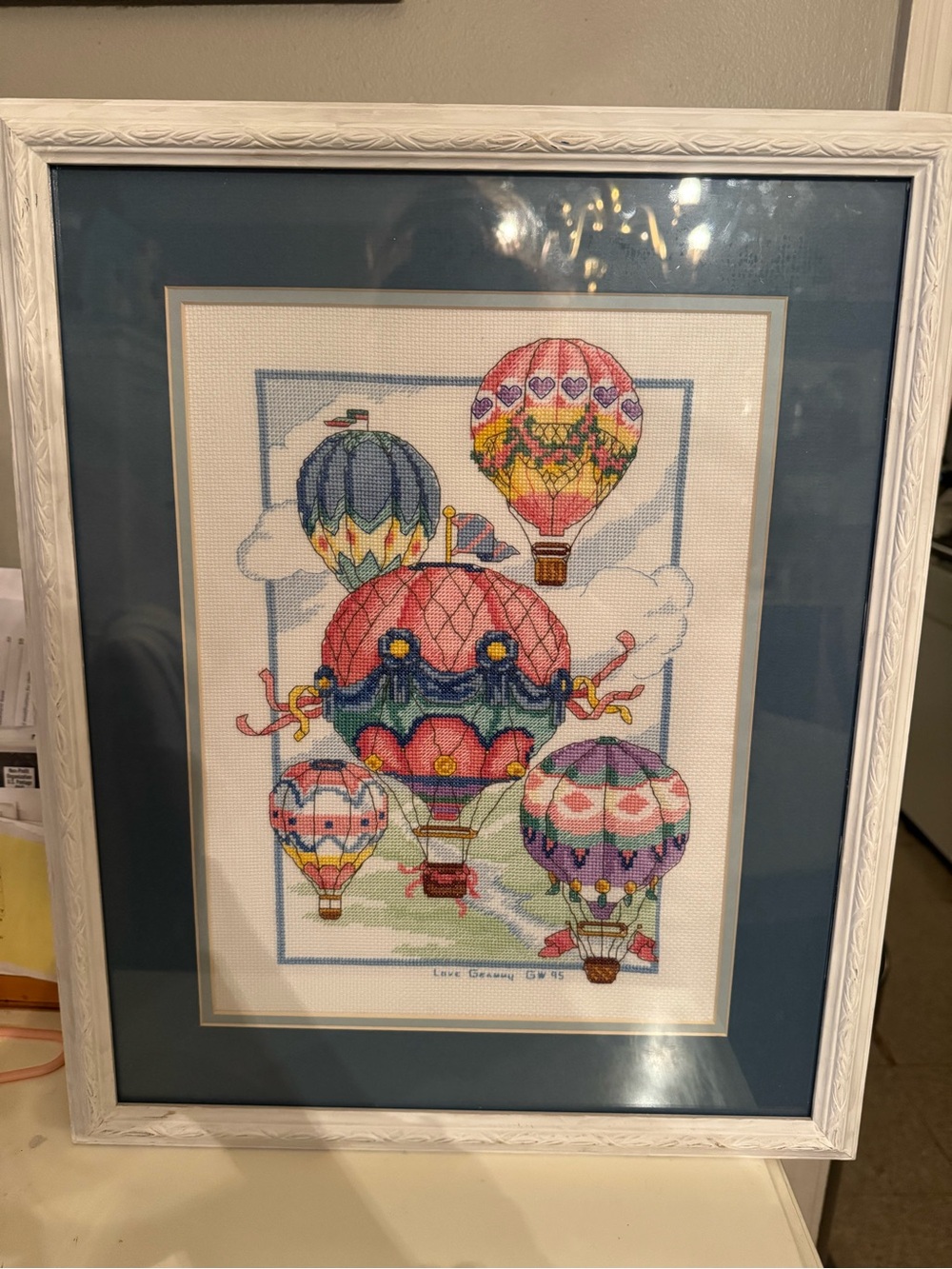 VTG Framed Cross Stitch Hot Air Balloons - Colorful Wall Art